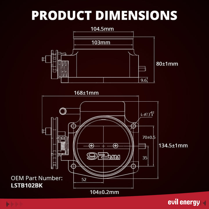 EVIL ENERGY 92MM Mechanical Throttle Body - Product Dimensions & OEM Part Number LSTB102BK