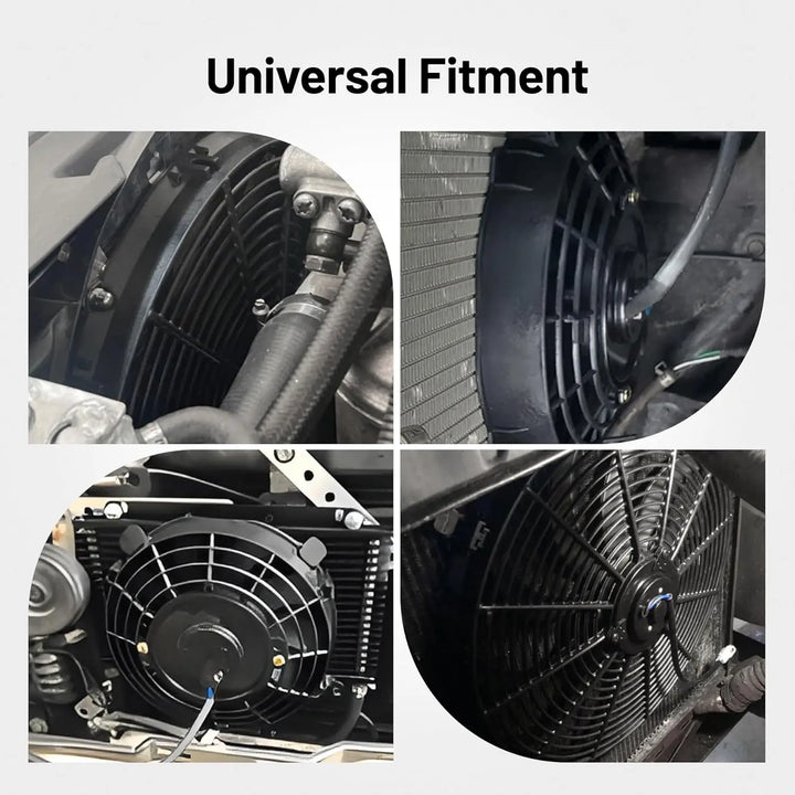 Universal fit electric radiator cooling fan installed on various automotive radiators – ideal electric fans for cars, trucks, and performance vehicles
