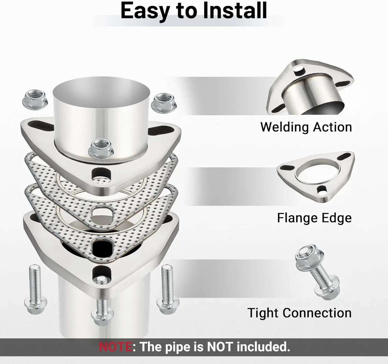 EVILENERGY EVIL ENERGY 2 Inch 3 Bolt Exhaust Flange Connection Kit, Stainless Steel Exhaust Flange and Gasket Set with Bolts and Nuts, Exhaust Flanges with Flange Edge for Easier Welding, 2 PCS