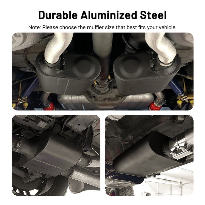 Matte black aluminized steel exhaust mufflers installed with clamps and welds on dual exhaust pipes underneath a car chassis.