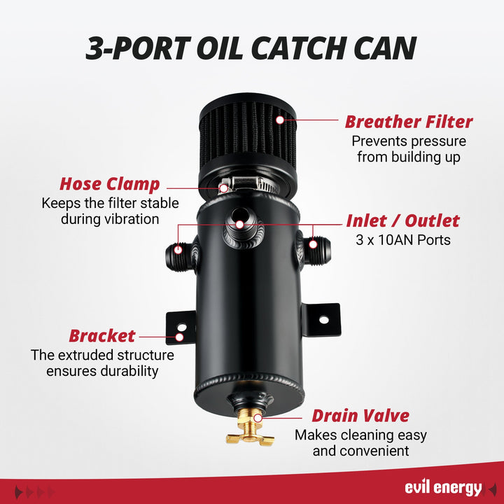 EVIL ENERGY 3 Port Baffled 750ML PCV Oil Catch Can Kit with Breather Filter, Air Oil Separator with Drain Valve & CPE Fuel Line Kit - EVILENERGY