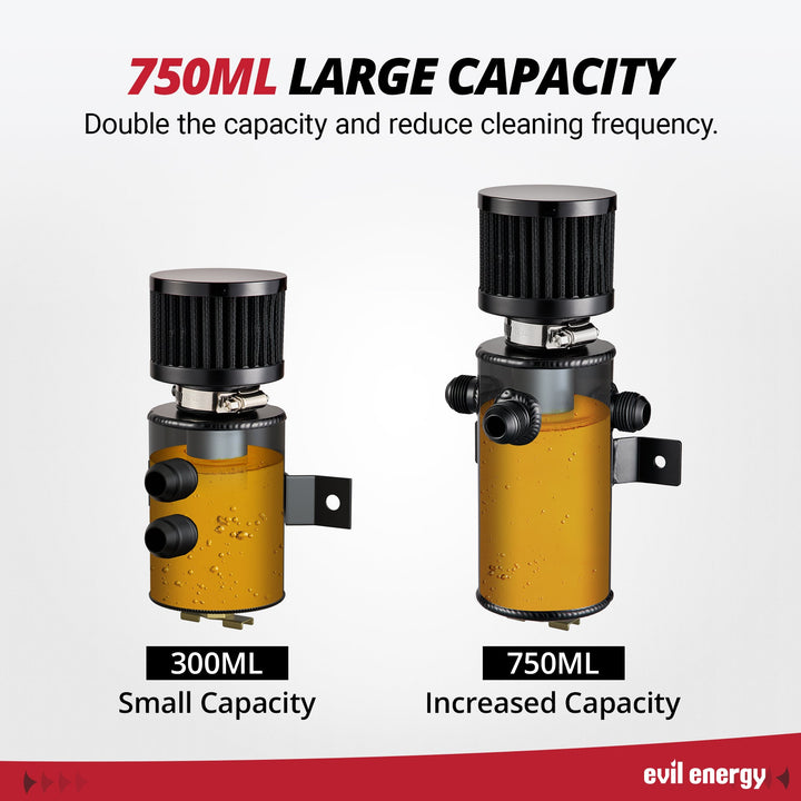 EVIL ENERGY 3 Port Baffled 750ML PCV Oil Catch Can Kit with Breather Filter, Air Oil Separator with Drain Valve & CPE Fuel Line Kit - EVILENERGY