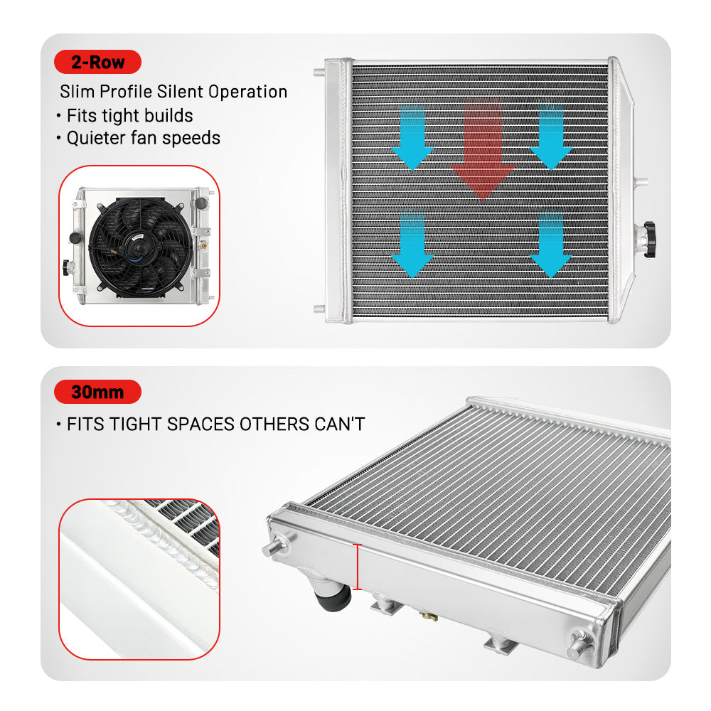 EVIL ENERGY 2-Row Aluminum Radiator Features – Slim profile (quiet operation), 30mm dense stack for tight spaces