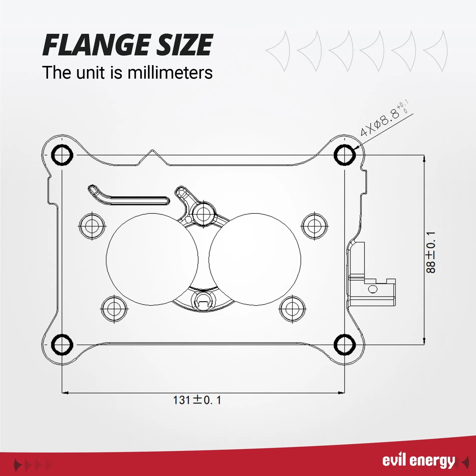 Technical flange size diagram of the EVIL ENERGY 350 CFM 2-barrel Carburetor in millimeters, showing mounting dimensions and bolt patterns.