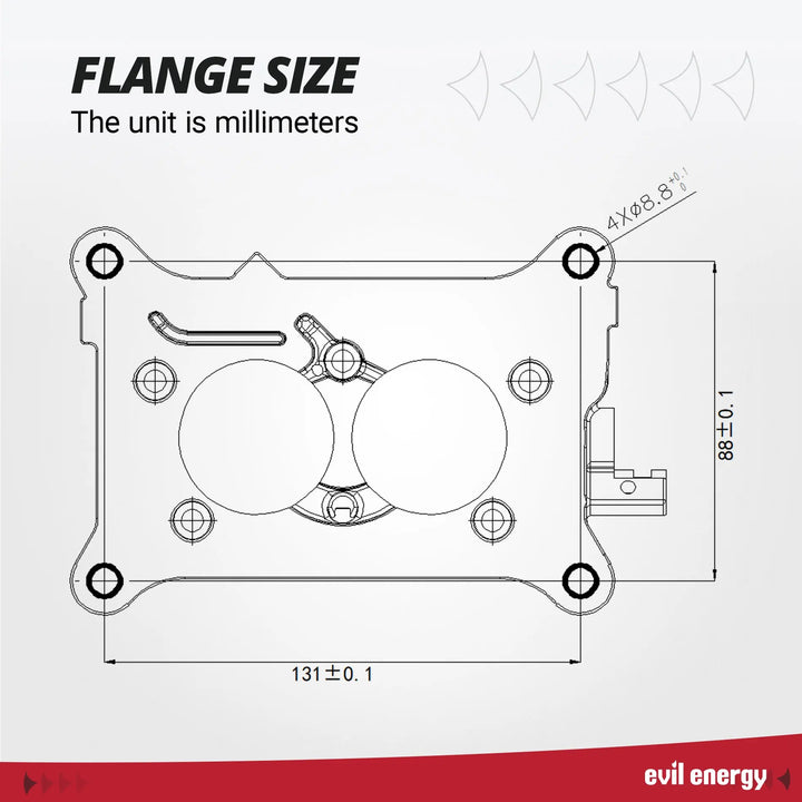 Technical flange size diagram of the EVIL ENERGY 350 CFM 2-barrel Carburetor in millimeters, showing mounting dimensions and bolt patterns.