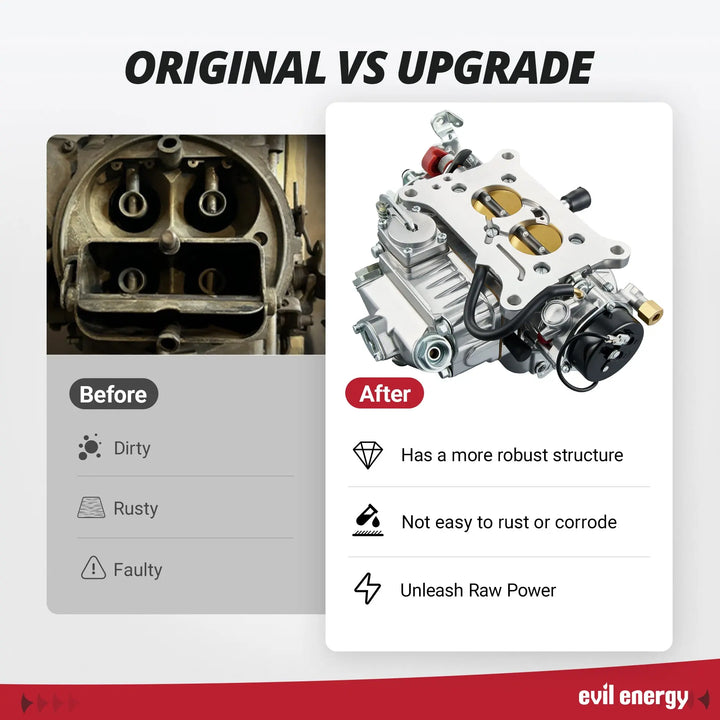 Before and after comparison showing the upgraded EVIL ENERGY 350 CFM 2-barrel Carburetor with clean, durable structure and enhanced performance over old, rusty units.