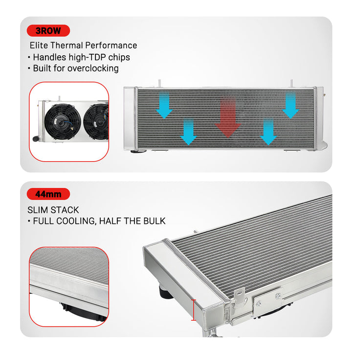 EVIL ENERGY 3-Row Aluminum Radiator Features – 3ROW Elite Thermal Performance, 44mm Slim Stack Cooling