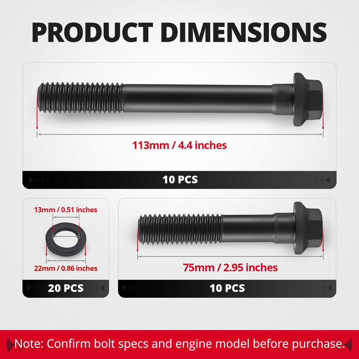 EVIL ENERGY Cylinder Head Bolt Kit Product Dimensions - 113mm & 75mm Bolts, Washer Specs