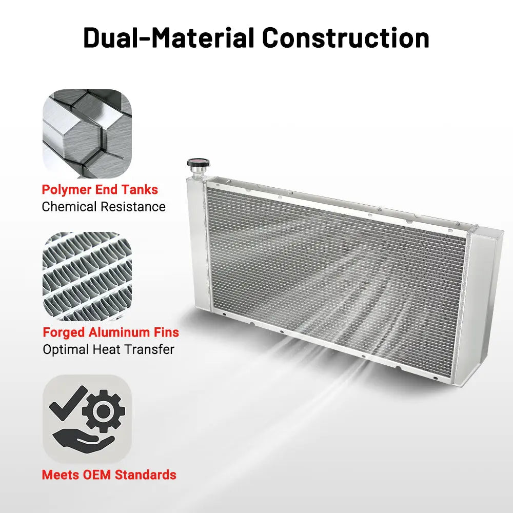 4 row aluminium car radiator with polymer end tanks, forged fins, chemical resistance, and OEM-compliant performance features