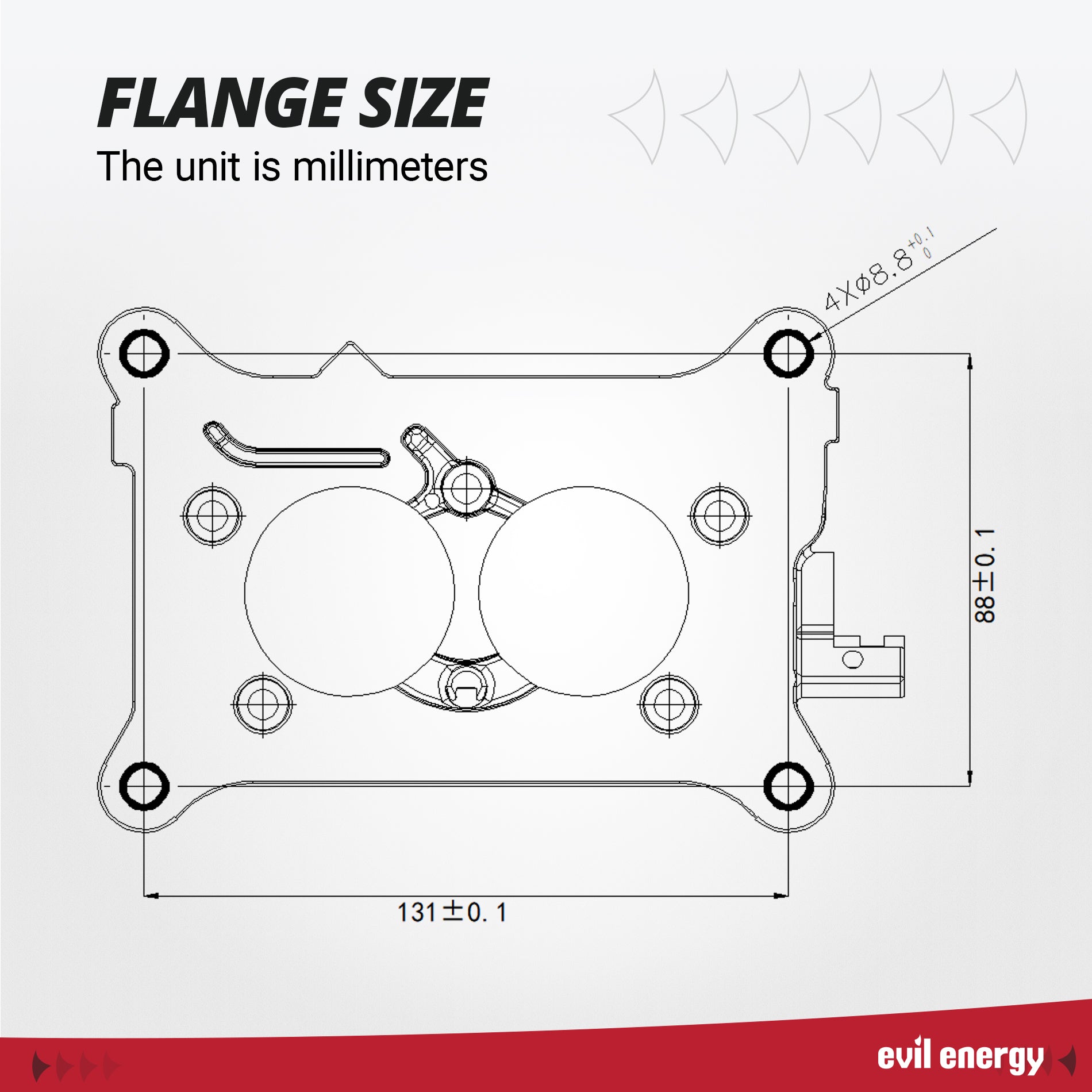 Mounting flange dimensions of EVIL ENERGY 500 CFM 2-barrel Street Carburetor in millimeters for compatibility check