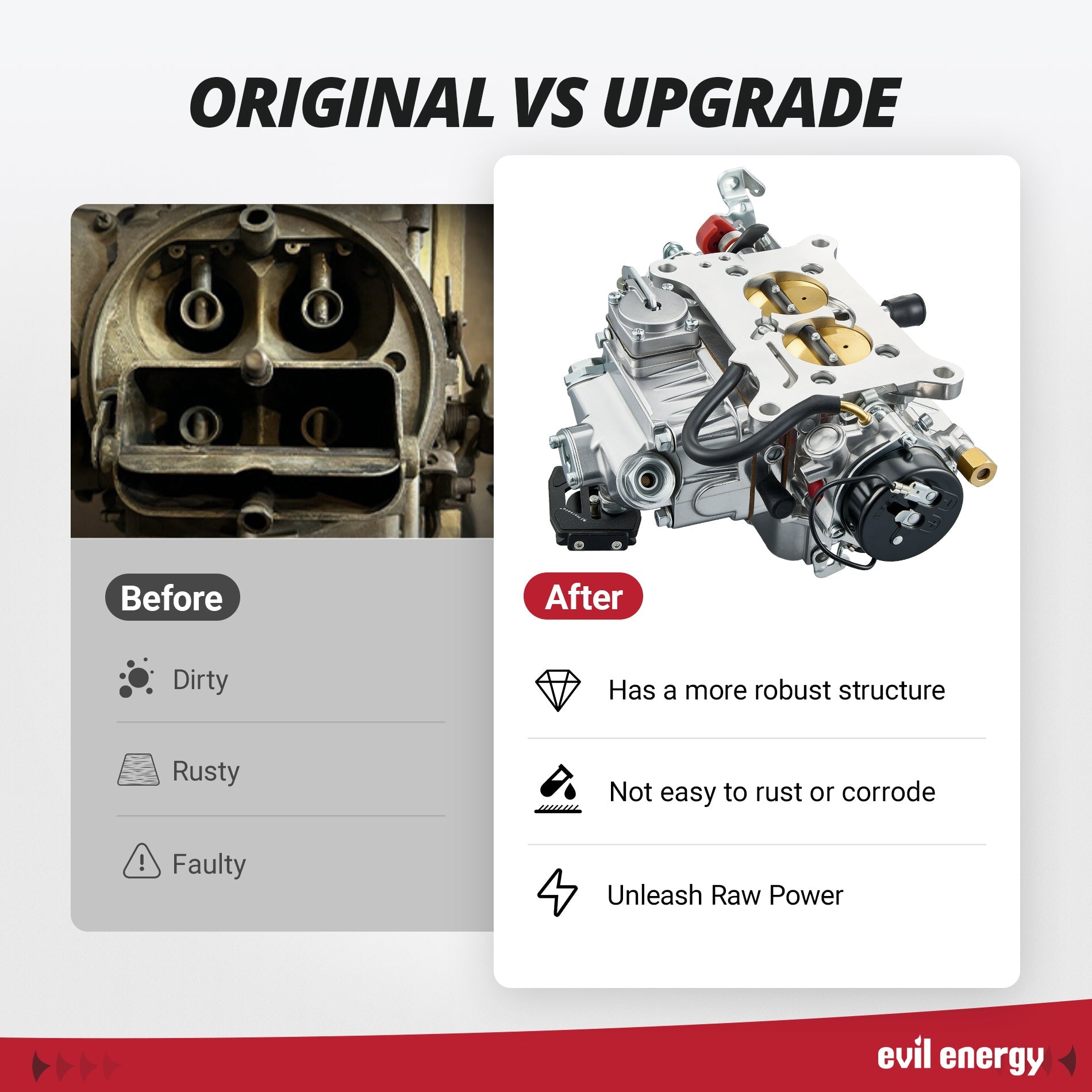 Comparison of old carburetor vs. EVIL ENERGY 500 CFM 2-barrel Street Carburetor showing improved structure and power output