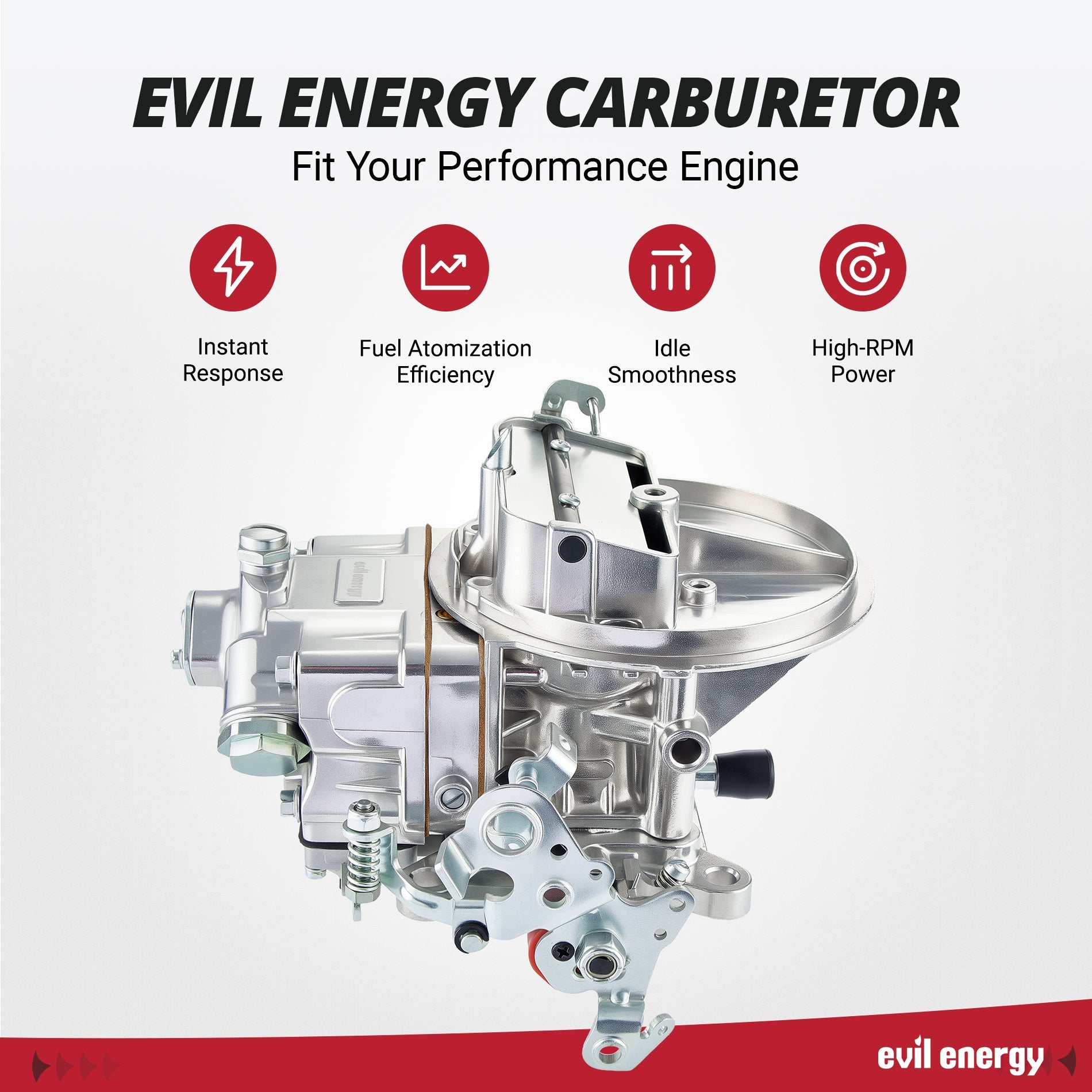 EVIL ENERGY 500 CFM 2-barrel Street Carburetor built for instant throttle response, fuel atomization efficiency, and idle stability