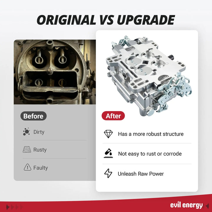 Original dirty and rusty carburetor vs upgraded EVIL ENERGY 500 CFM 4-barrel carburetor with electric choke, featuring robust structure, corrosion resistance, and raw power.