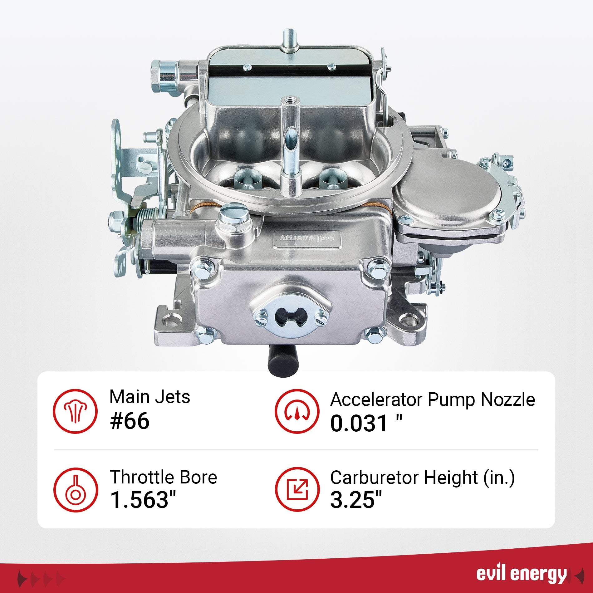 Front view of EVIL ENERGY 600 CFM 4-Barrel Carburetor showing #66 main jets, 0.031 inch accelerator pump nozzle, 1.563 inch throttle bore, and 3.25 inch height