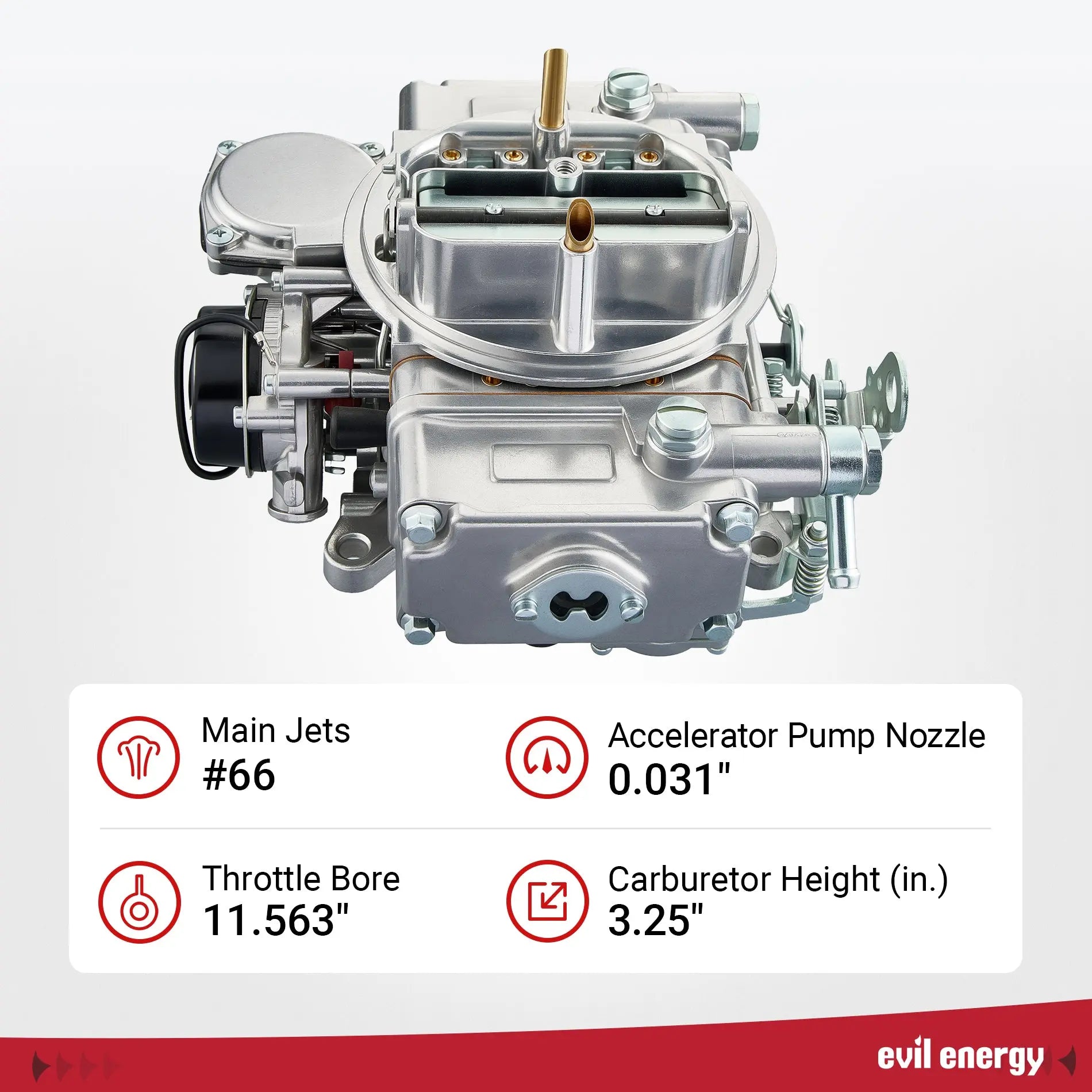 Front view of EVIL ENERGY 600 CFM 4-Barrel Performance Carburetor showing #66 main jets, 0.031 inch accelerator pump nozzle, 11.563 inch throttle bore, and 3.25 inch height