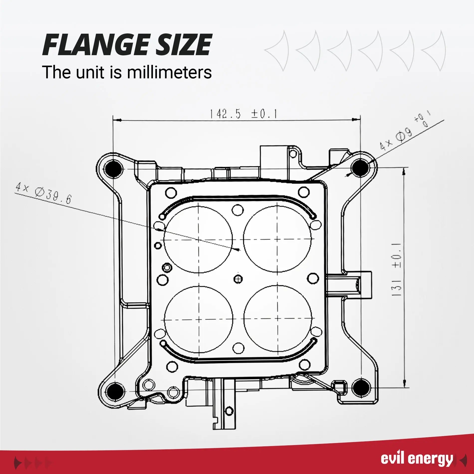 EVIL ENERGY 600 CFM 4-Barrel Performance Carburetor flange size technical drawing in millimeters
