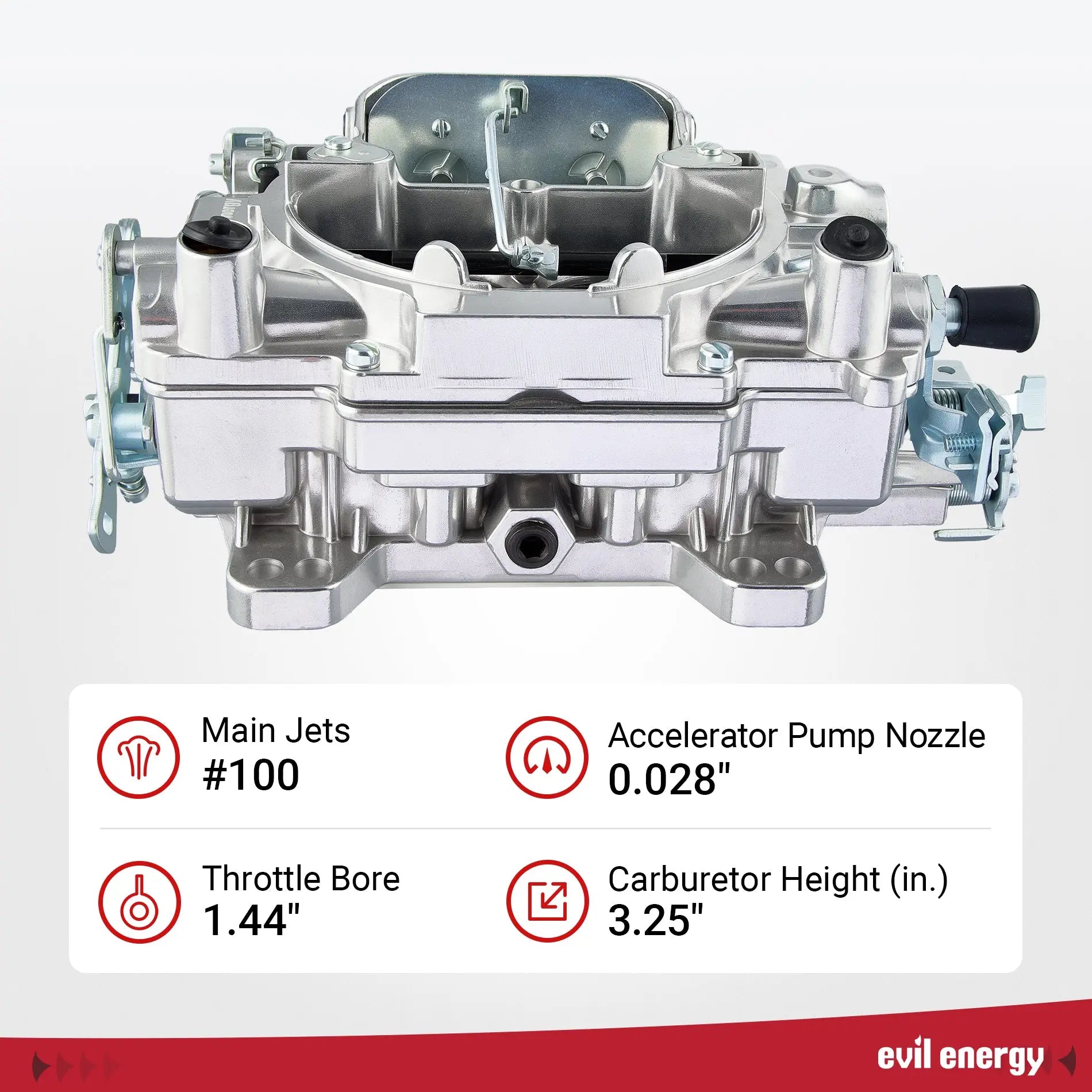 EVIL ENERGY 600 CFM 4-barrel Carburetor specs, main jets #100, throttle bore 1.44-inch, precision design
