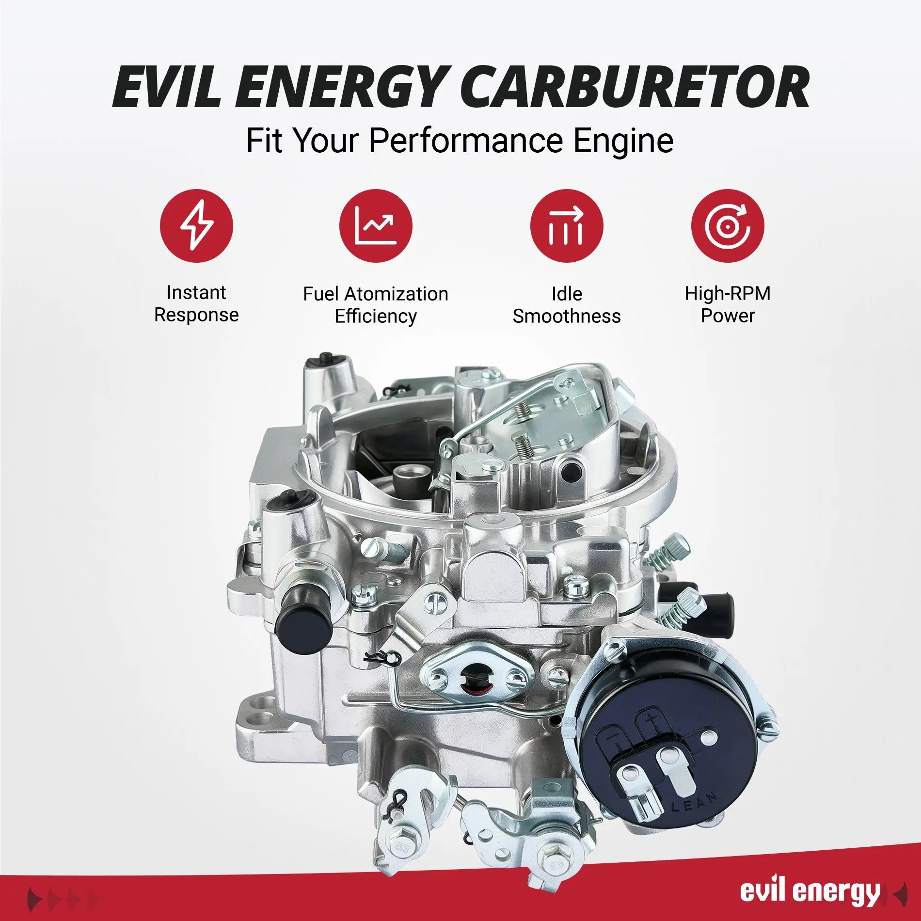 EVIL ENERGY 600 CFM 4-barrel carburetor with high RPM performance, idle smoothness, fuel atomization, and throttle response features.