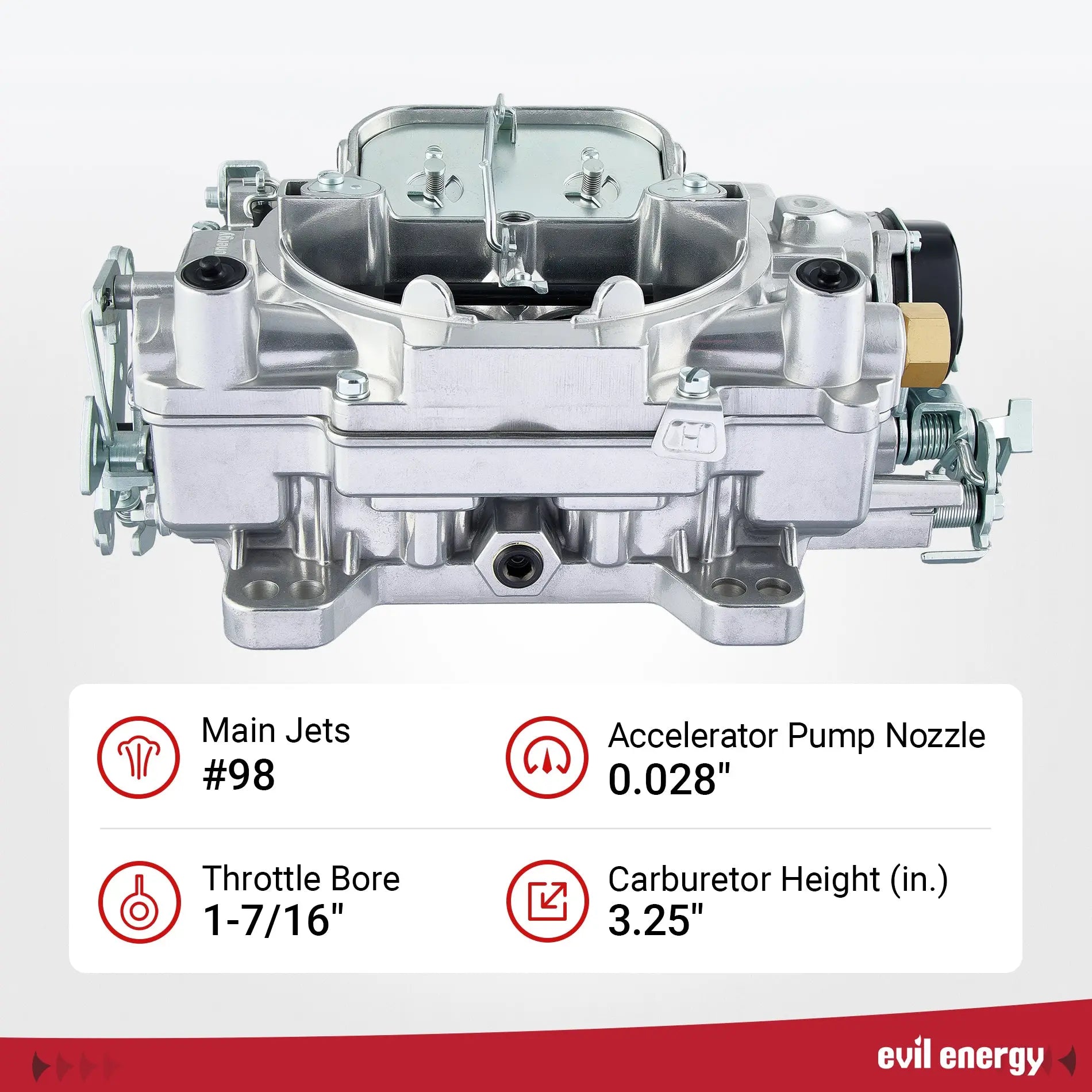 EVIL ENERGY 600 CFM 4-Barrel Marine Carburetor specs, main jets #98, throttle bore 1 - 7/16-inch