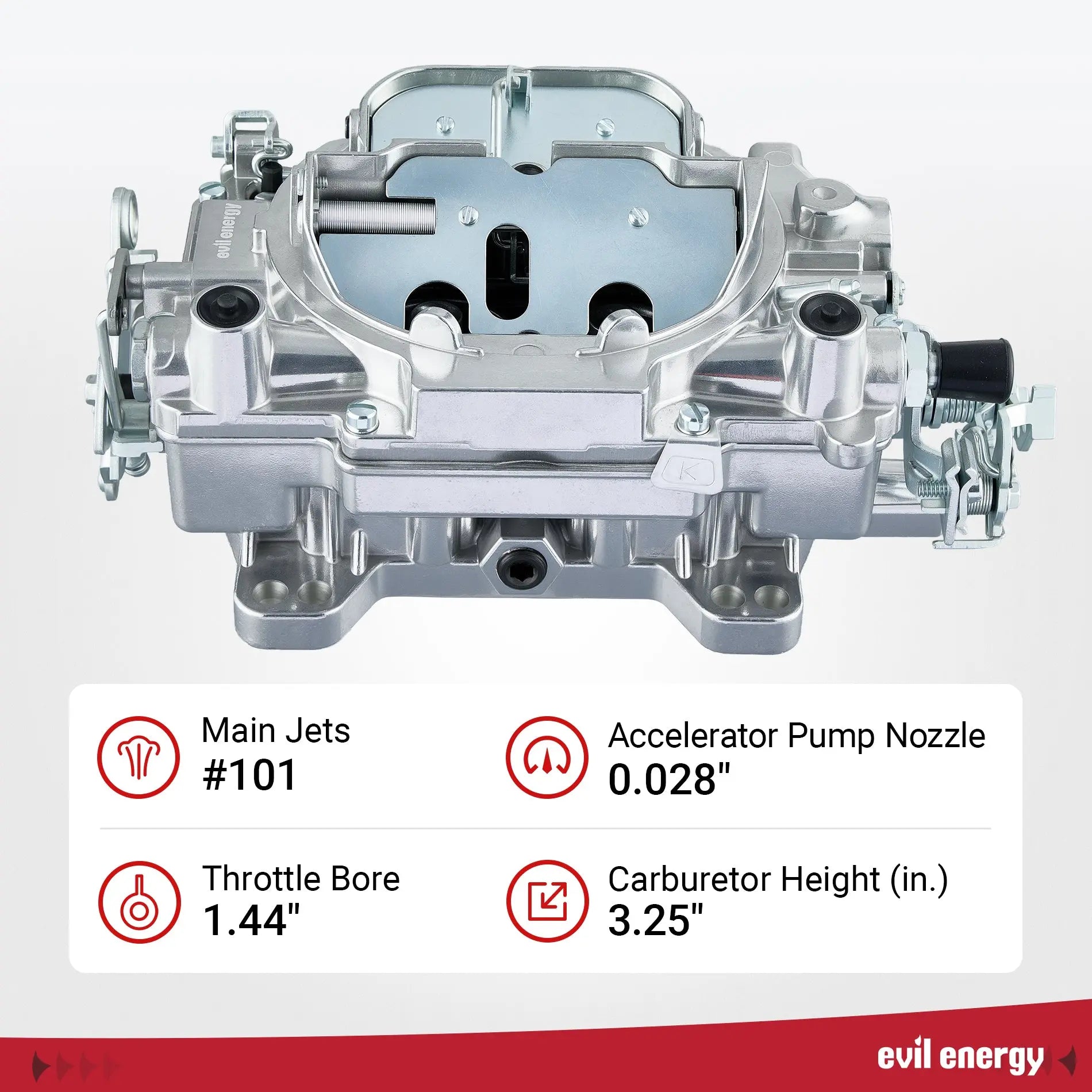 EVIL ENERGY 650 CFM 4-barrel Carburetor specs, main jets #101, throttle bore 1.44-inch