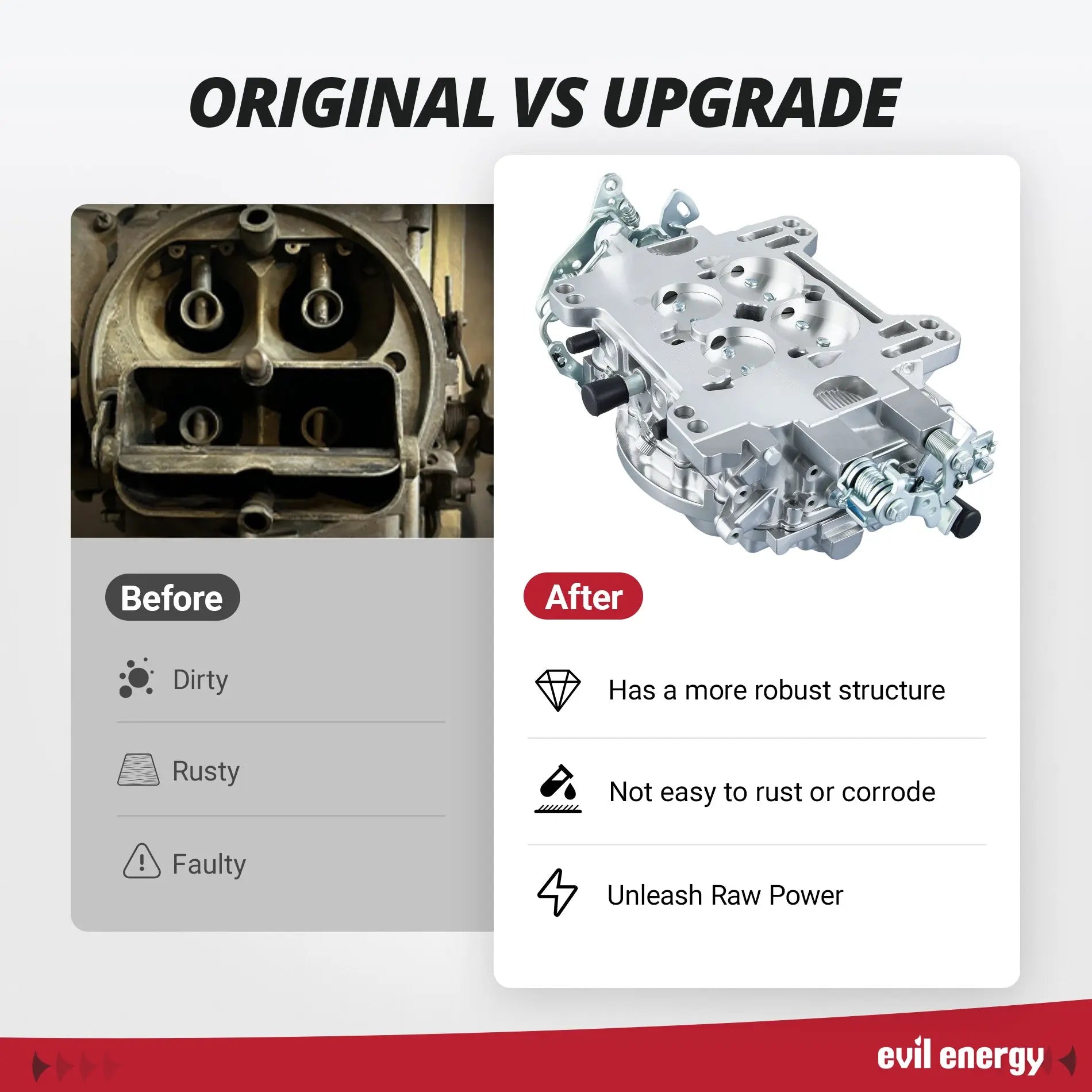 EVIL ENERGY 650 CFM 4-barrel Carburetor upgrade vs original, robust structure