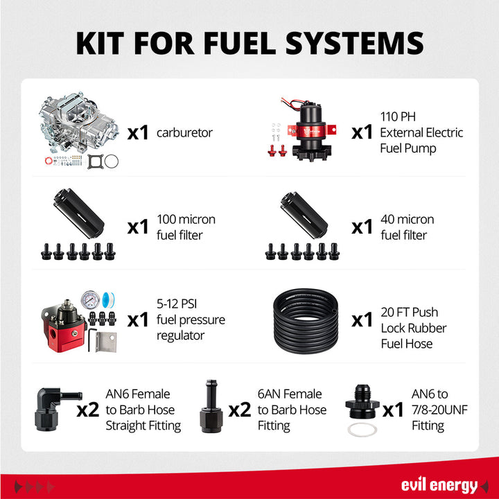 EVIL ENERGY 650 CFM 4-barrel Carburetor 110 GPH External Electric Fuel Pump Kit - EVILENERGY
