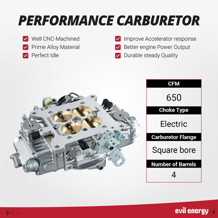EVIL ENERGY 650 CFM 4 - barrel Carburetor performance, CNC - machined, prime alloy