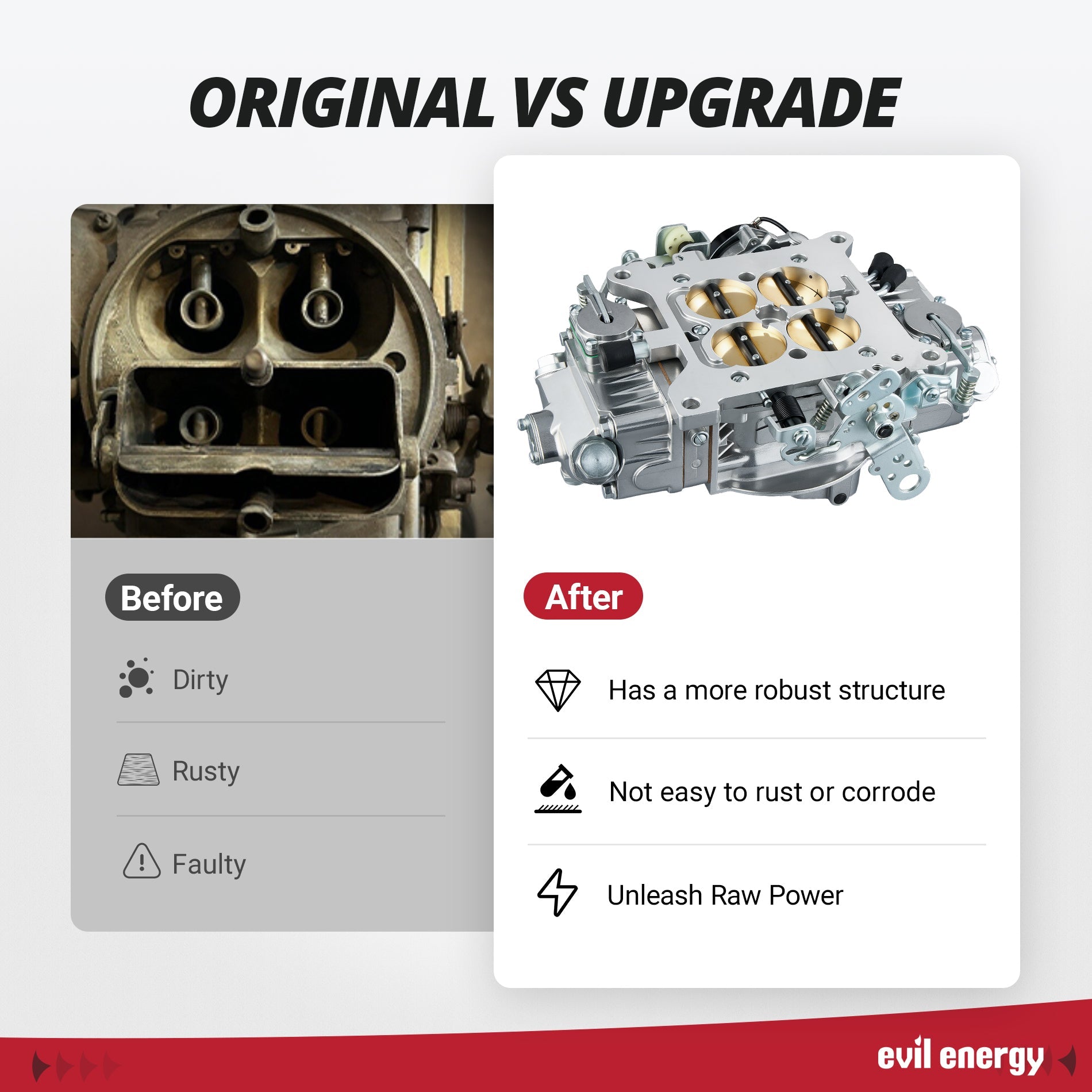 EVIL ENERGY 650 CFM 4 - barrel Carburetor upgrade vs original, robust structure