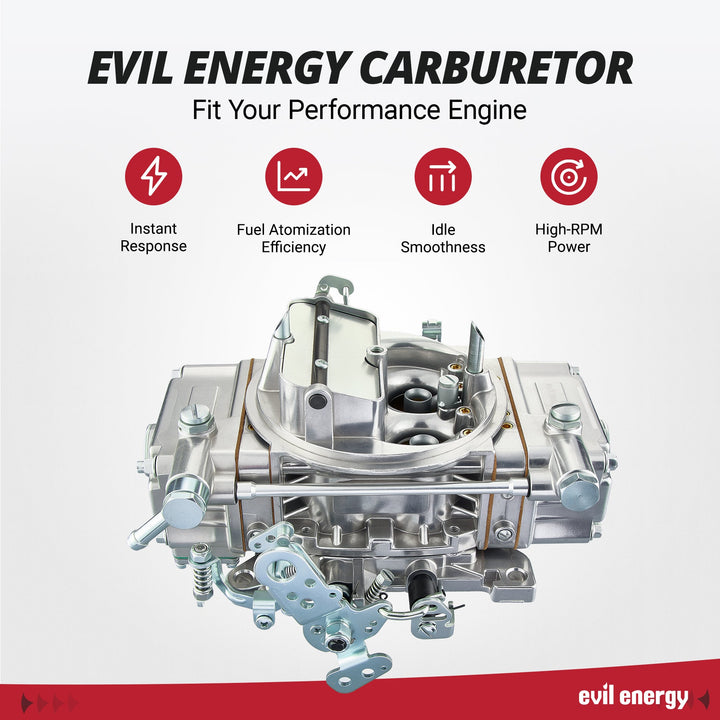EVIL ENERGY 650 CFM 4 Barrel Carburetor highlights instant throttle response, efficient fuel atomization, and idle smoothness