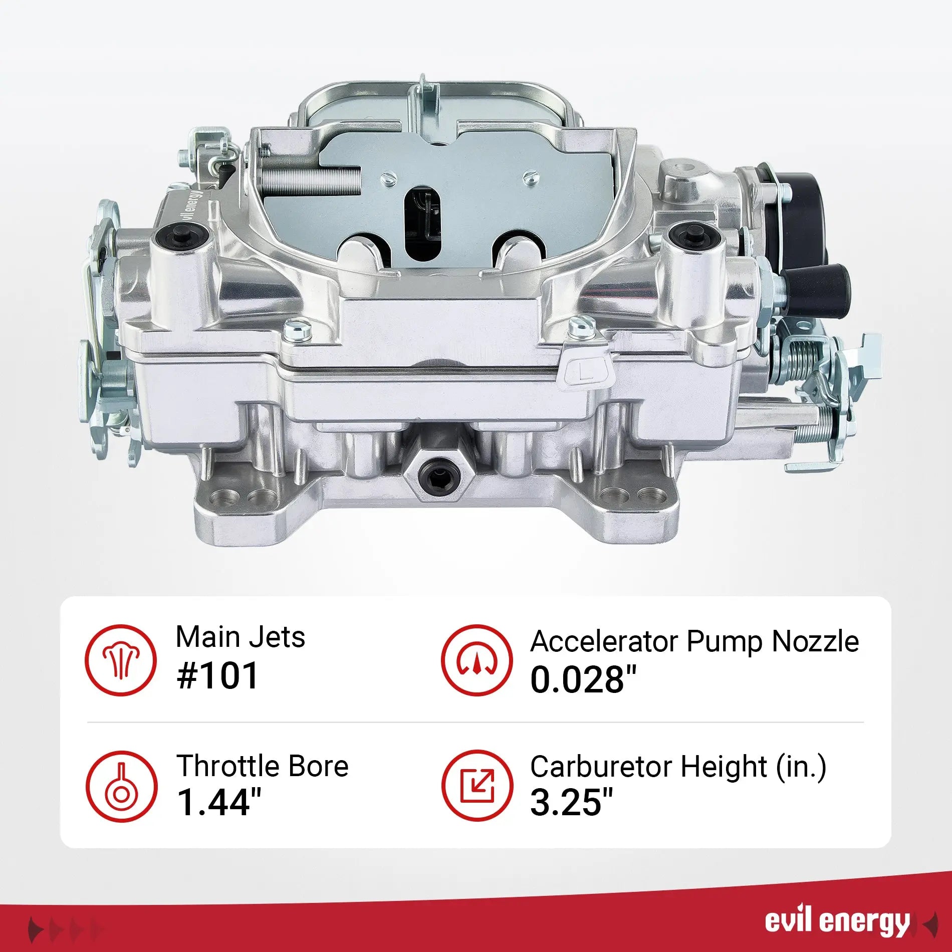 EVIL ENERGY 650 CFM 4 - barrel Carburetor specs: Main Jets #101, Throttle Bore 1.44-inch, Accelerator Pump Nozzle 0.028-inch