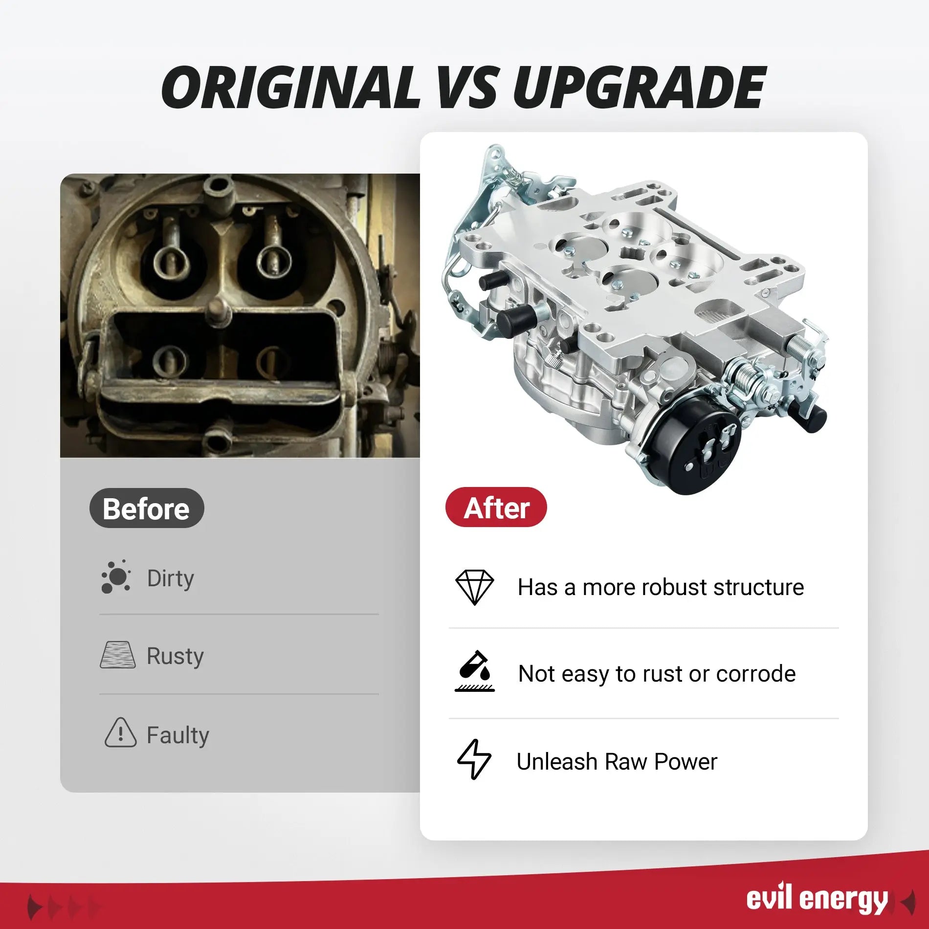 EVIL ENERGY 650 CFM 4 - barrel Carburetor upgrade vs original: robust structure, rust - resistant