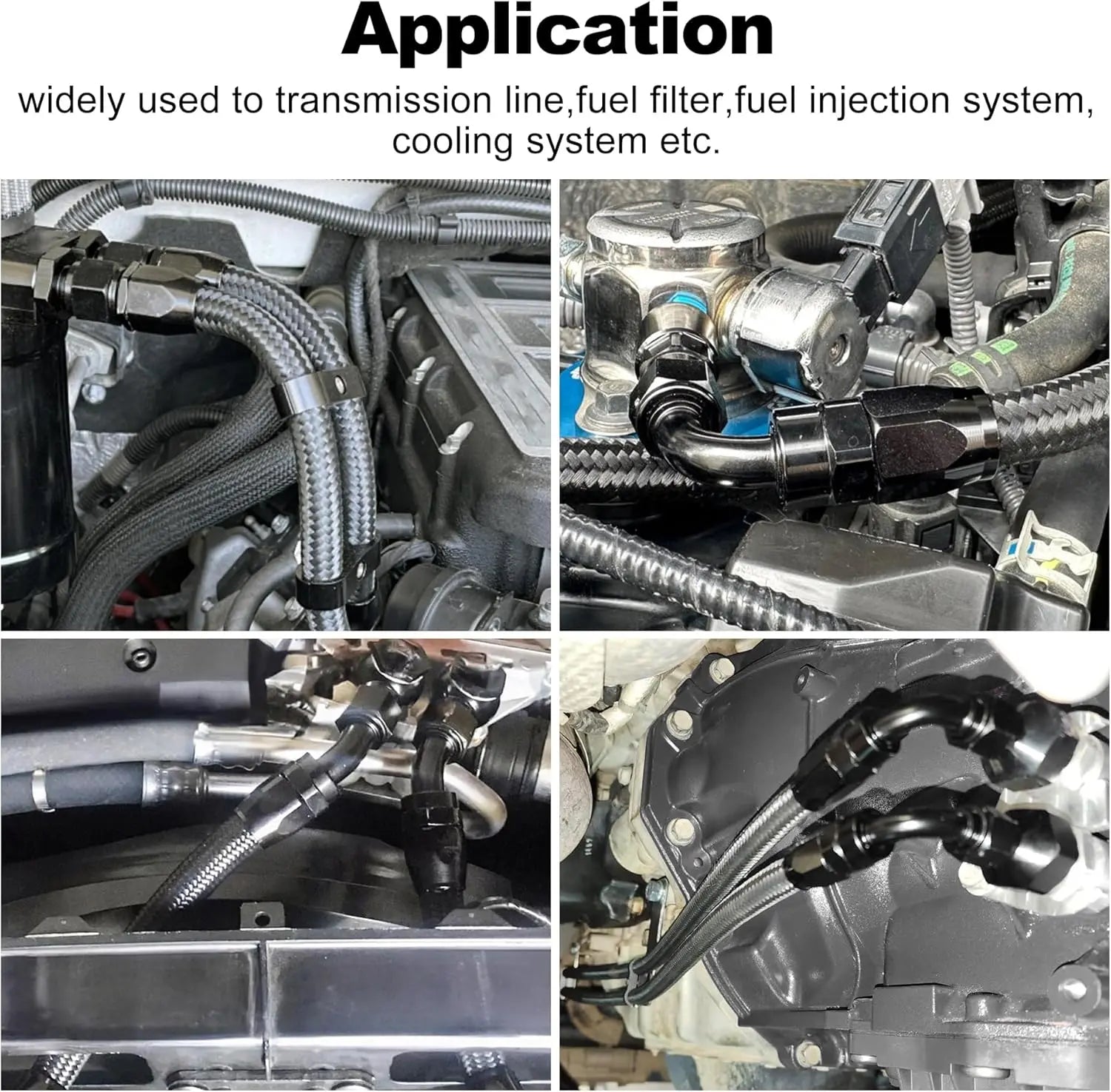 EVIL ENERGY 6AN 8AN 10AN Hose End Fitting Kit installed in the automotive engine bay, used for transmission line, fuel filter, fuel injection system, and cooling system. Black aluminum AN fittings connected to CPE braided fuel hoses for performance and racing applications.