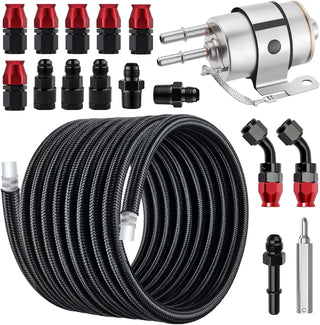 EVILENERGY EVIL ENERGY 6AN PTFE Fuel Line Kit with LS Swap Fuel Filter Regulator 58PSI, AN6 E85 Compatible Braided Fuel Line Fitting Kit 25FT PTFE Hose