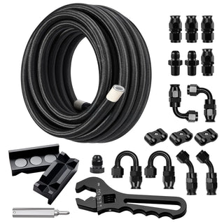 EVILENERGY EVIL ENERGY 6AN PTFE Fuel Line Kit, AN6 Nylon Braided PTFE Fuel Hose Kit 20FT with Adjustion Wrench, E85 Compatible Line Hose 5/16" ID Black