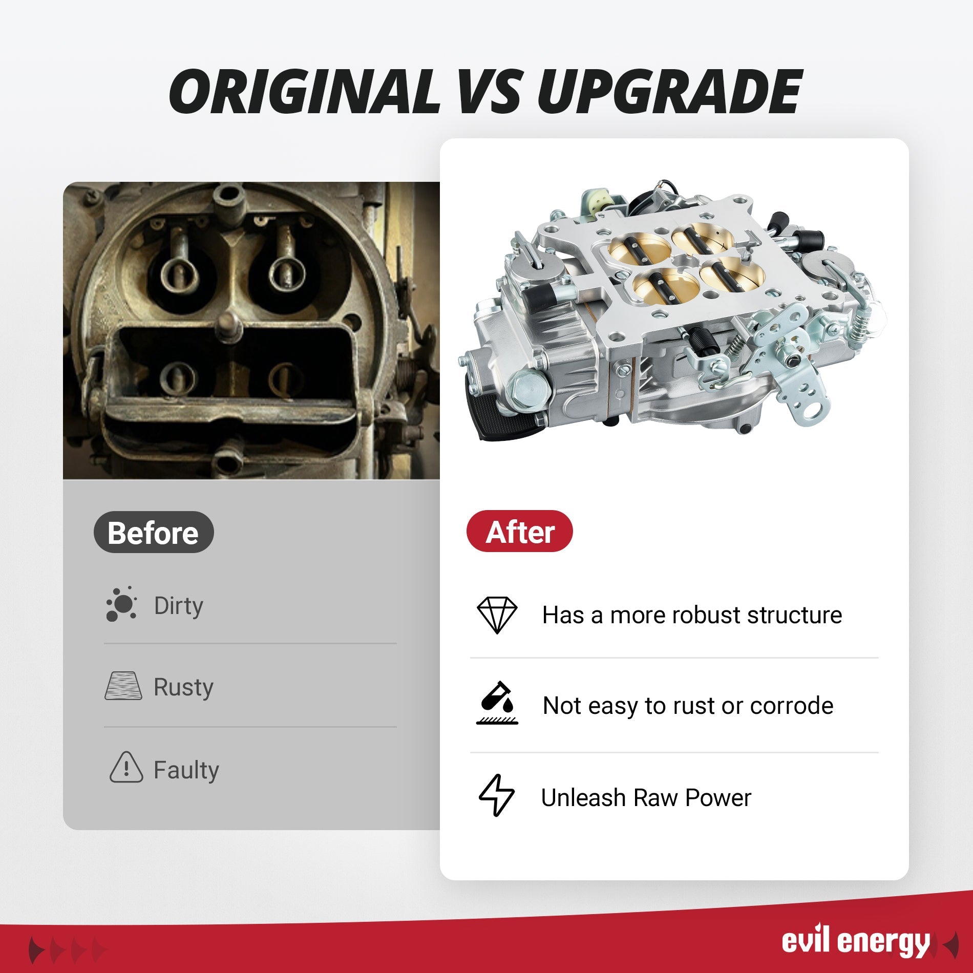 Before and after comparison of carburetors: old, dirty OEM unit vs upgraded EVIL ENERGY 750 CFM 4 Barrel Carburetor with robust CNC construction and improved performance