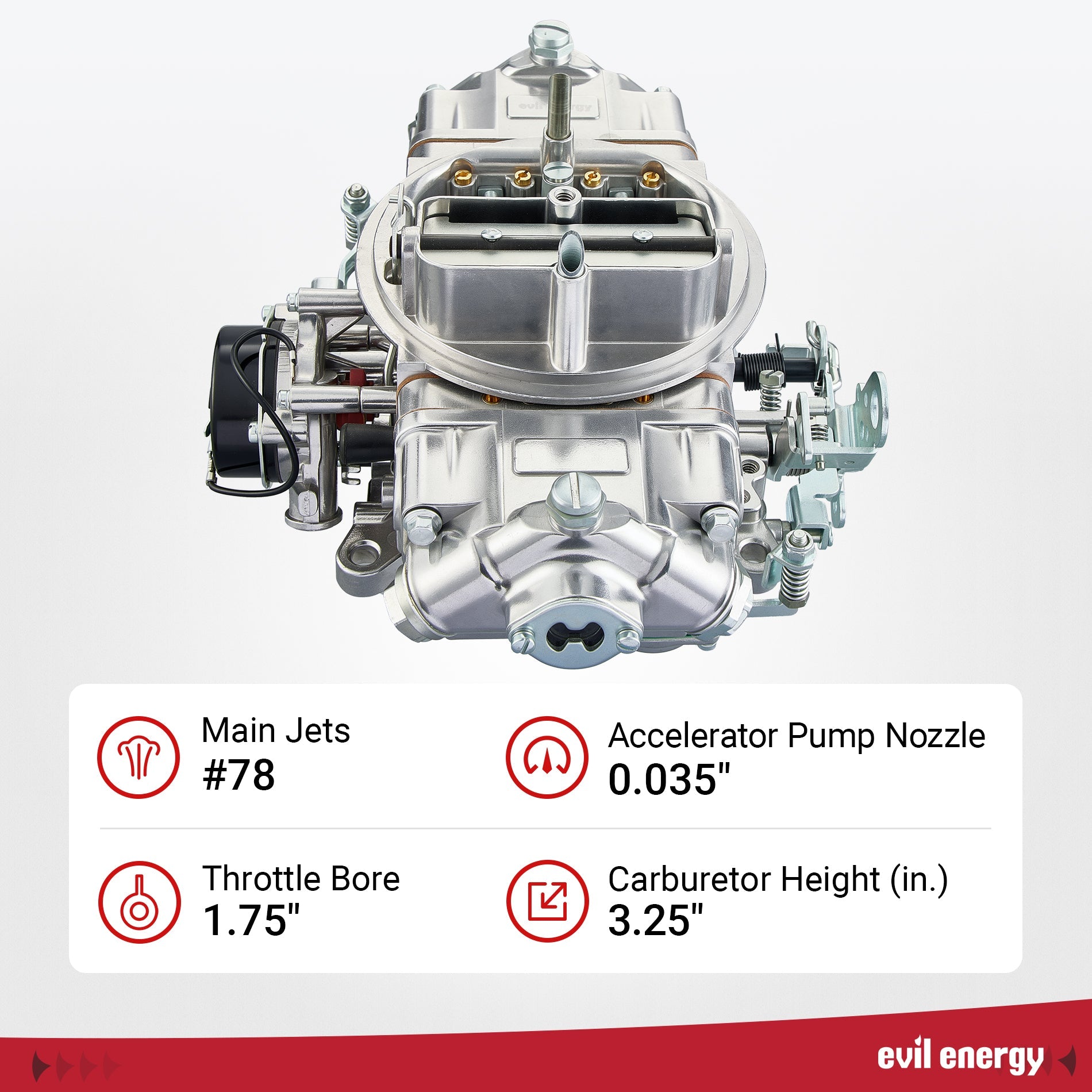 EVIL ENERGY 850 CFM 4-Barrel Carburetor technical specs with #78 main jets, 0.035-inch accelerator pump nozzle, 1.75-inch throttle bore, and 3.25-inch height