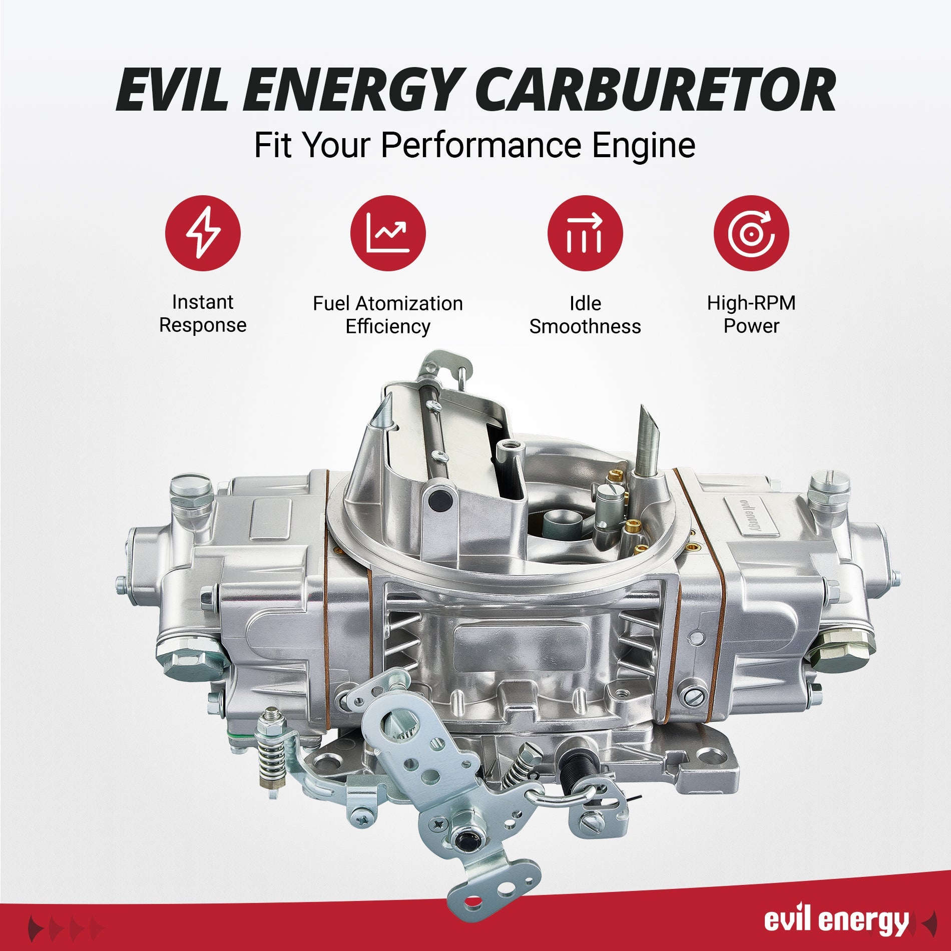 EVIL ENERGY 850 CFM 4-Barrel Carburetor performance features including instant throttle response, fuel atomization efficiency, and high-RPM power
