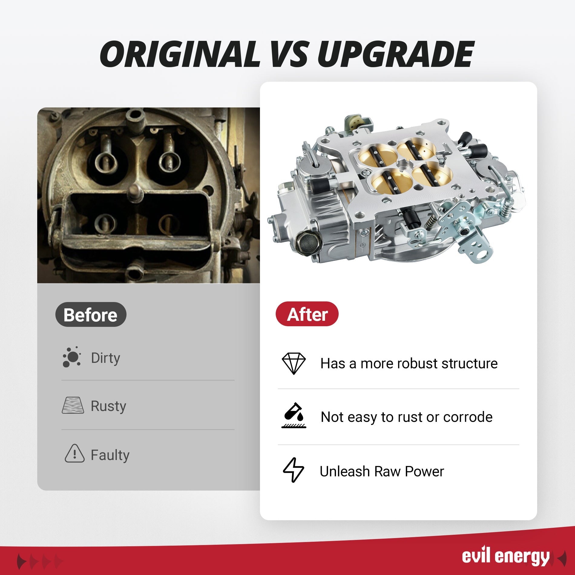 EVIL ENERGY 850 CFM 4-Barrel Carburetor upgrade, robust structure, corrosion-resistant vs original