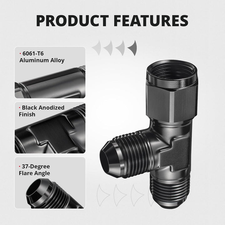 EVIL ENERGY AN8/AN10 Male Tee to AN Female Swivel on Run, Black Aluminum EFI Fuel Fitting Adapter 2PCS - EVILENERGY
