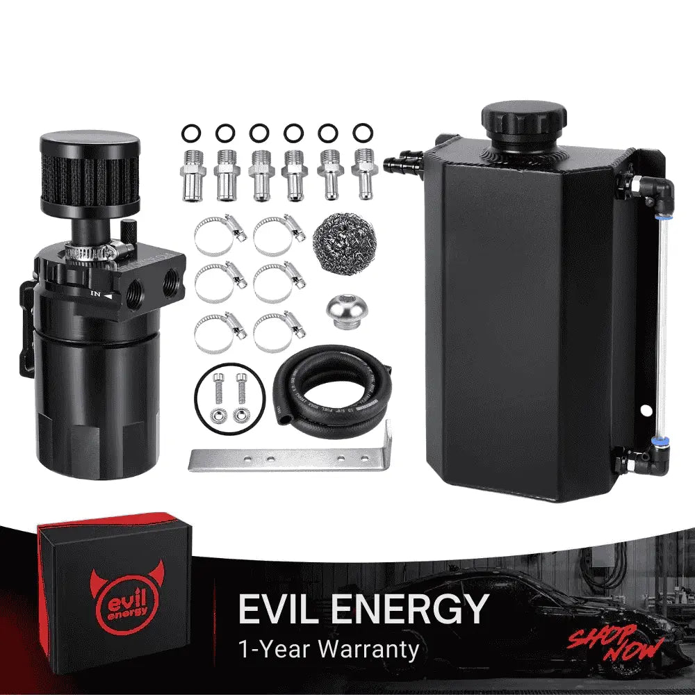 EVIL ENERGY EVIL ENERGY Bundle: 300ml Baffled Oil Catch Can (5FT Hose, Black, with/without Breather Filter) & 1L/2L Coolant Overflow Tank (Black, Aluminum)
