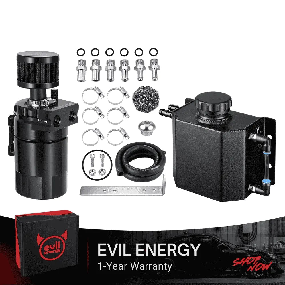 EVIL ENERGY EVIL ENERGY Bundle: 300ml Baffled Oil Catch Can (5FT Hose, Black, with/without Breather Filter) & 1L/2L Coolant Overflow Tank (Black, Aluminum)