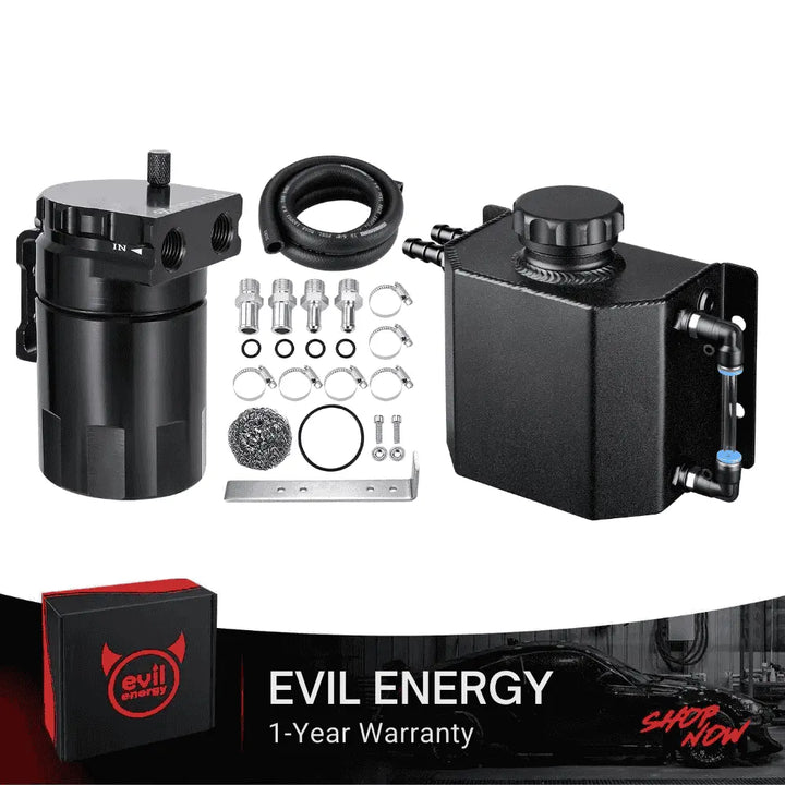 EVIL ENERGY EVIL ENERGY Bundle: 300ml Baffled Oil Catch Can (5FT Hose, Black, with/without Breather Filter) & 1L/2L Coolant Overflow Tank (Black, Aluminum)