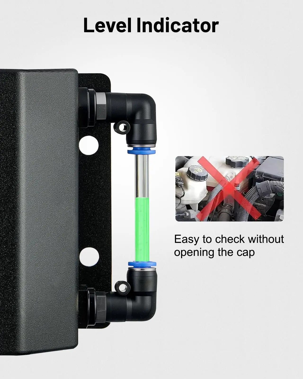 EVIL ENERGY 10AN Baffled Oil Catch Can With Universal Coolant Overflow Tank — level indicator design allows easy coolant check without removing the cap.