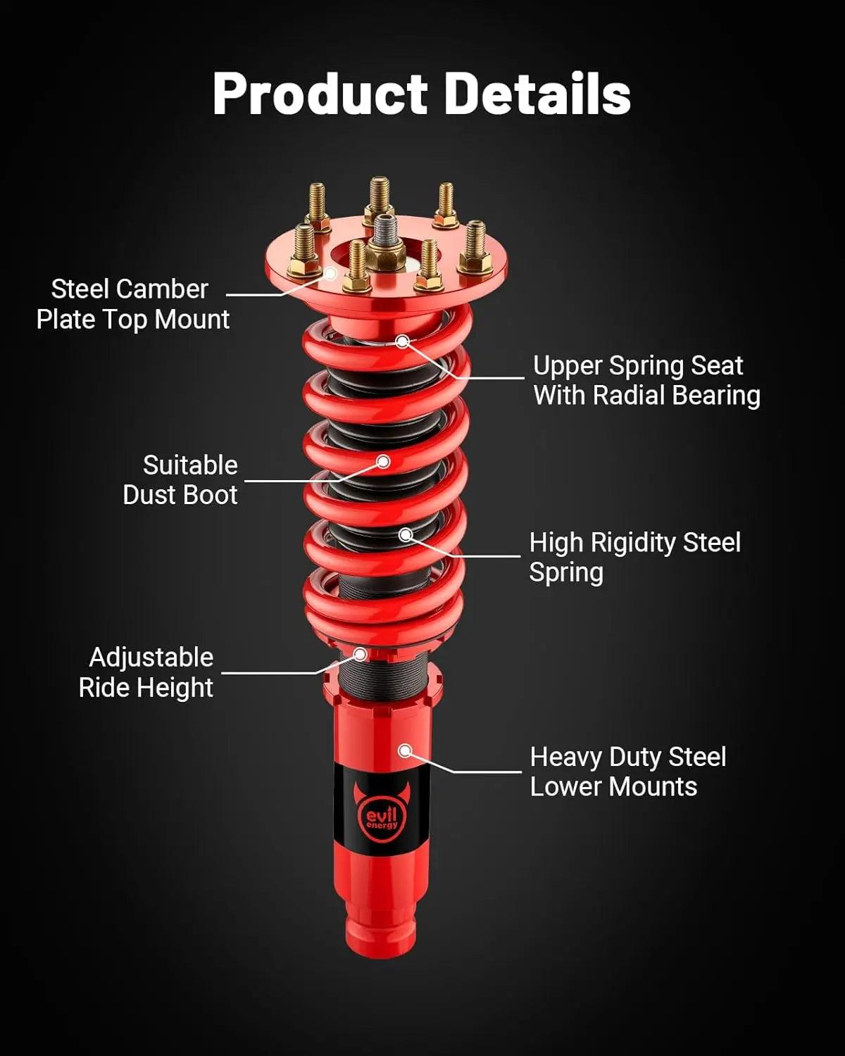 EVILENERGY EVIL ENERGY Coilovers Compatible for Honda Acoord VIII Sedan/Coupe 2008-2012, for Acura TSX 2009-2014, Height Adjustable Lowering Kit, Twin-Tube Coilover Suspension Kit for Comfortable Ride, Red
