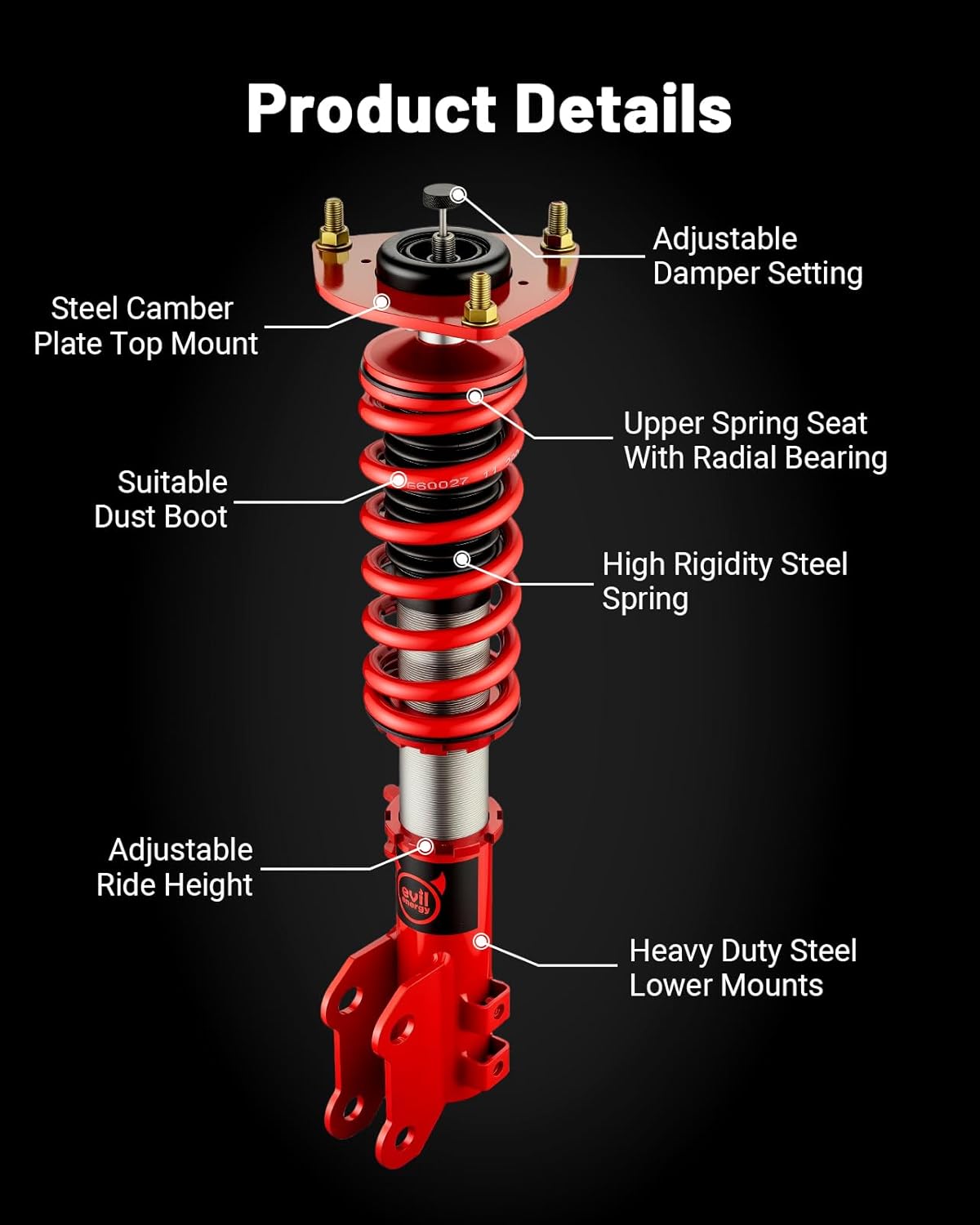 EVIL ENERGY Coilovers for Hyundai Elantra Sedan (AD) 2017-2020, Height Adjustable Coilovers Kit with 32-Level Damper Adjustment, Red - EVILENERGY