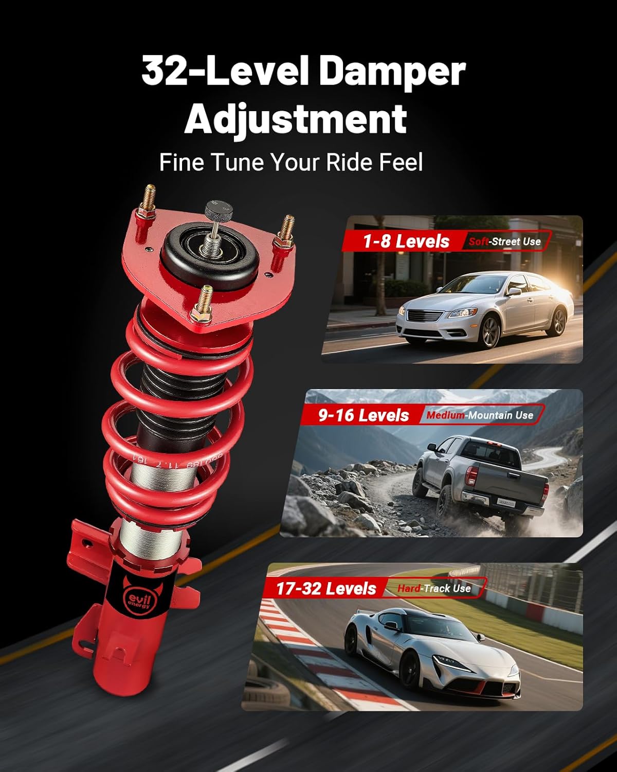 EVIL ENERGY Coilovers Compatible for MINI Cooper FWD R56 2007-2013, Height Adjustable Coilovers Lowering Kit with 32-Level Damper Adjustment, Red - EVILENERGY