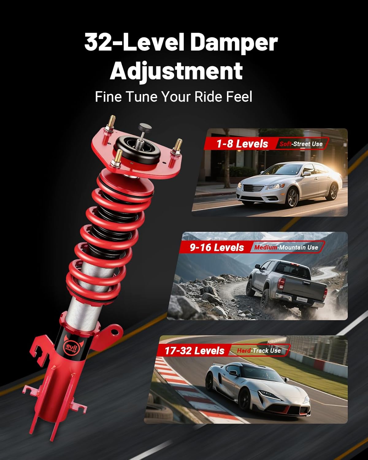 EVIL ENERGY Coilovers Compatible for Nissan Sentra B16 2007-2012, Height Adjustable Coilovers Lowering Kit with 32-Level Damper Adjustment, Coilovers Suspension Kit, Red - EVILENERGY