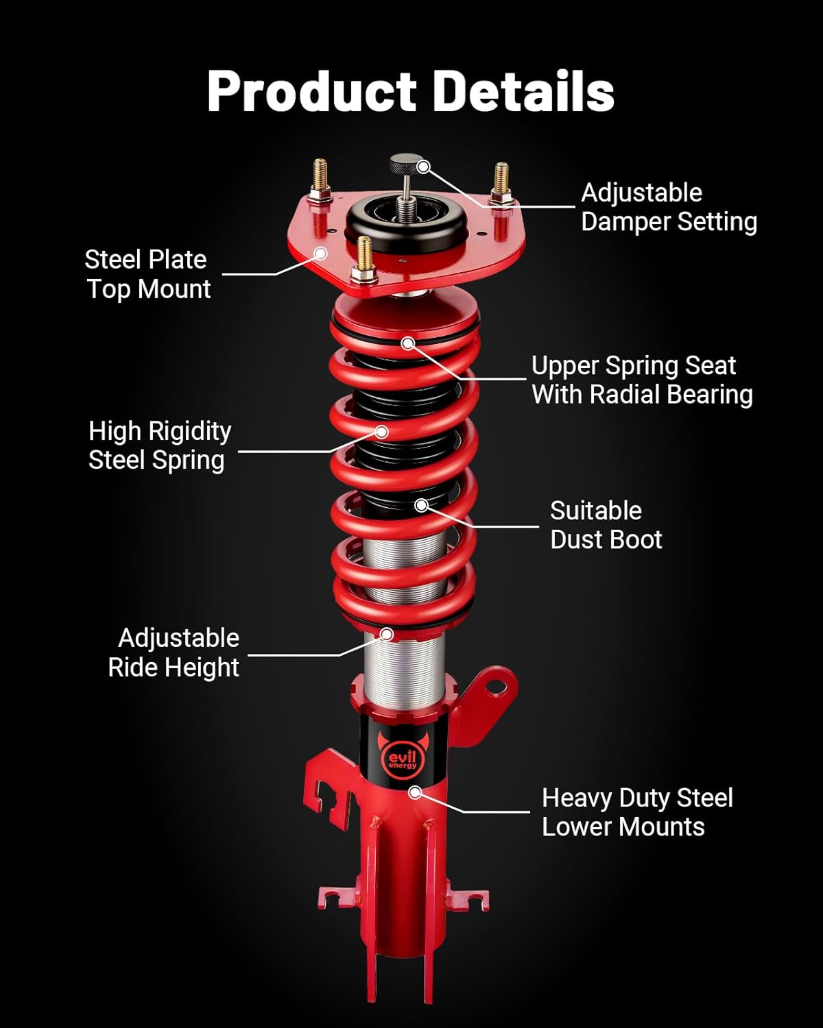 EVIL ENERGY Coilovers Compatible for Nissan Sentra B16 2007-2012, Height Adjustable Coilovers Lowering Kit with 32-Level Damper Adjustment, Coilovers Suspension Kit, Red - EVILENERGY
