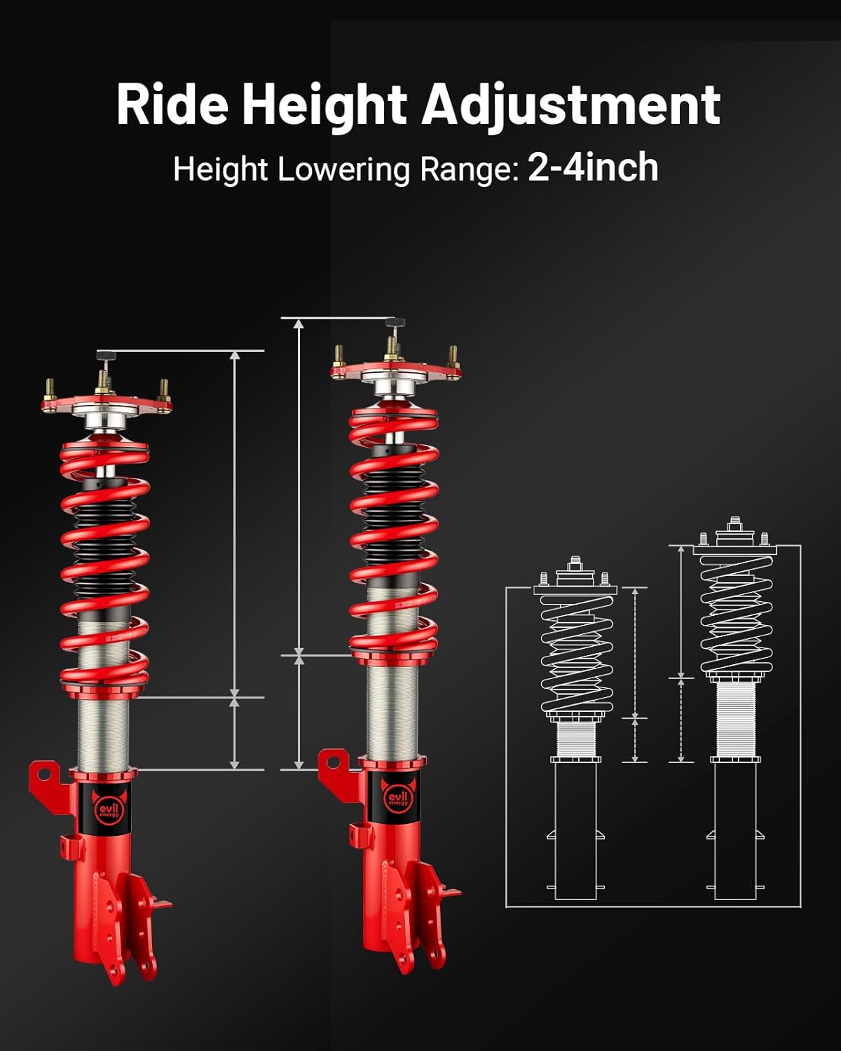 EVIL ENERGY Coilovers Compatible for Hyundai Tiburon (HM/HN) 2003-2008, Height Adjustable Coilovers Lowering Kit with 32-Level Damper Adjustment, Red - EVILENERGY