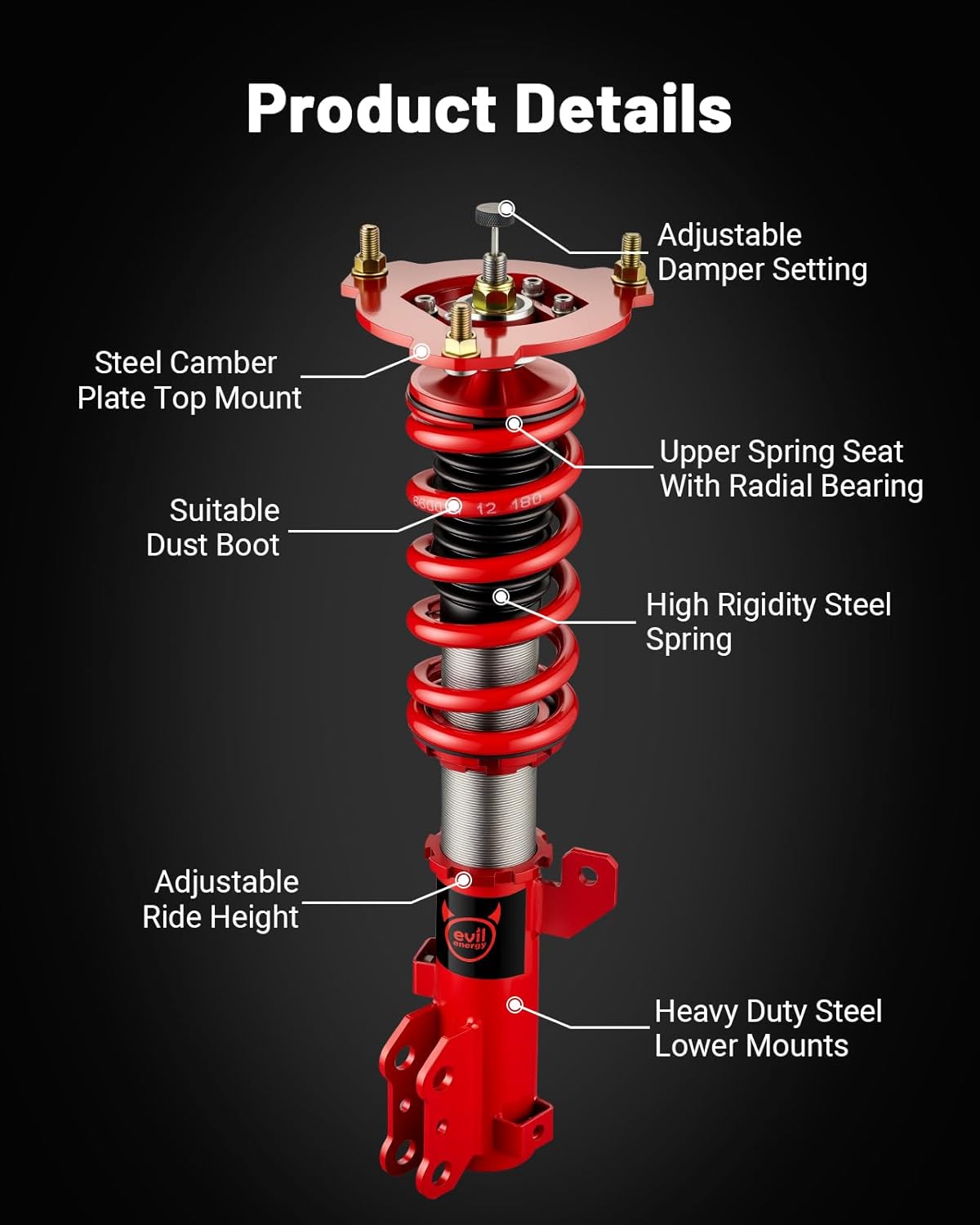 EVIL ENERGY Coilovers Compatible for Hyundai Tiburon (HM/HN) 2003-2008, Height Adjustable Coilovers Lowering Kit with 32-Level Damper Adjustment, Red - EVILENERGY